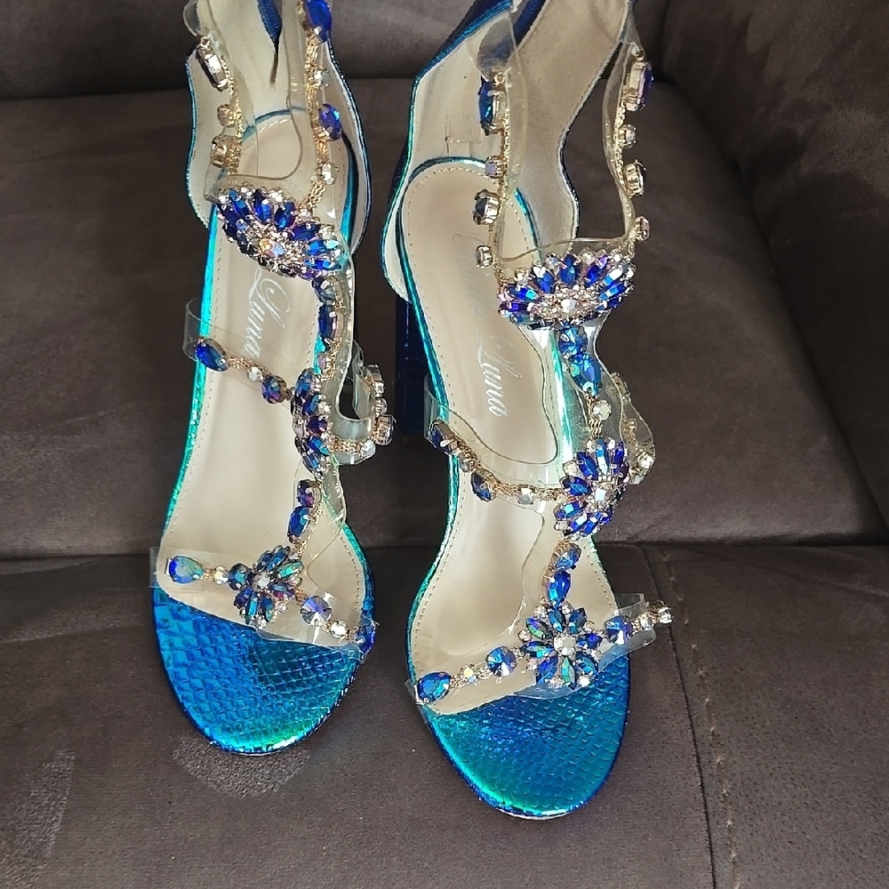 Elegant Blue Snakeskin Heels with Crystal Straps